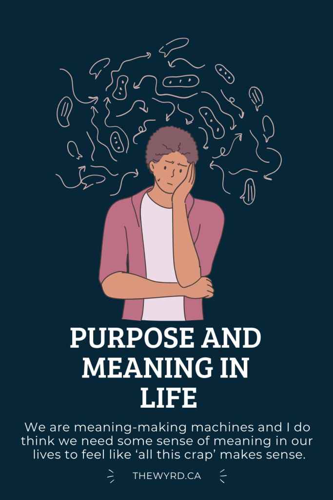 Purpose and Meaning in life Pin in dark blue with cartoon image of a man thinking, bunch of 'thought doodles above his head